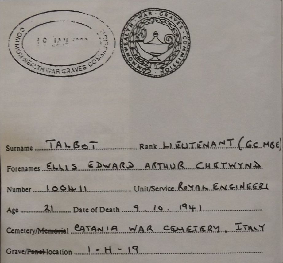 Dokument mill-Commonweaalth War Graves Commission li juri d-data tal-mewt tal-Logotenent E.E. Talbot, Nru 100411, Royal Engineers