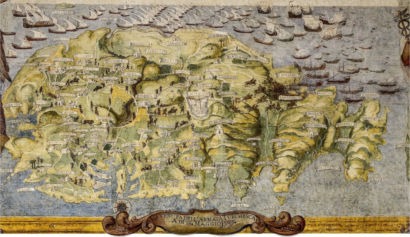 Mappa ta’ Malta turi l-wasla ta’ l-armata Torka fit-18 ta’ Mejju 1565